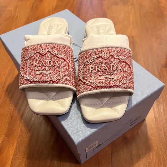 Prada Shoes - NWT Prada Milano Logo Jacquard and Leather Slide Sandal